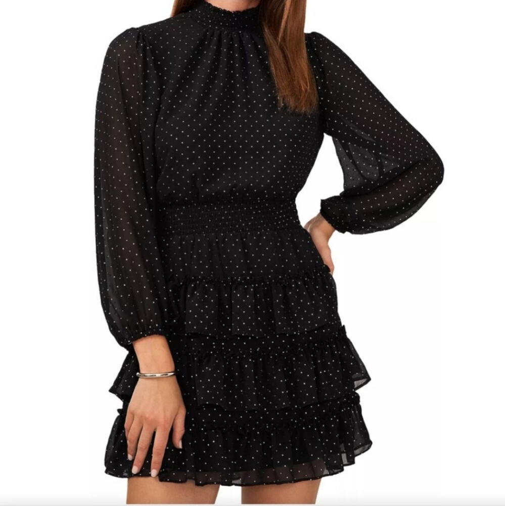 1 State Smocked Ruffle Dress in Black and Silver Polka Dots Size M